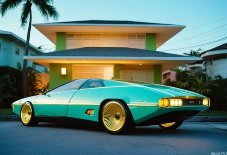 Bertone style ,a futuristic chrome and steel 6 wheeled car , pop up headlights and concave rims, Chartreuse with white and gold stripes , retrofuturism, 1990s , miami sunset, in front of an art deco house , neon, background is aqua ,photorealistic , leica summilux , fuji velvia
, 1990s anime, vintage anime, 90's anime style, by hajime sorayama, by greg tocchini, anime masterpiece, pixiv, akira-style art, akira anime art, 4k, high quality