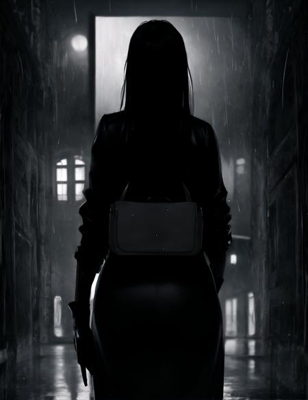 rain, solo, 1girl, female focus, door, dark, from behind, wet, horror (theme), gloves, night, umbrella, bag, letterboxed, outdoors, standing