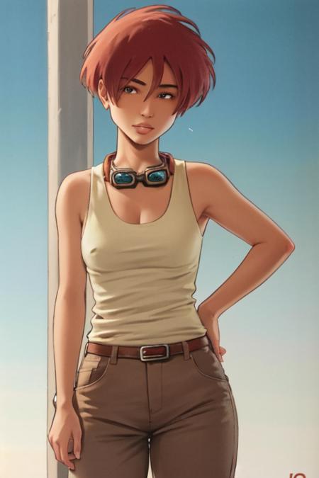 1girl, Glace, short hair, red hair, tank top, goggles around neck, brown pants