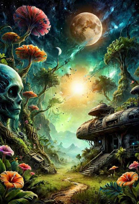 Concept Art, (masterpiece: 0.4) high detailed, bright natural lighting, shadows, high contrast, a tropical Forest in alien planet, two big moons in sky, Old civilization big abandoned long time ago spaceship, seeing (mythical alien like not on earth plantations Neon lights on Flower kind plants) Trees plants and flowers from the ground view from below, atmospheric dreamscape painting, dream scenery art, highly detailed visionary art, CGI style, vibrant oil painting, splash art, Cozy mystery, masterpiece 8k wallpaper, neoplasticism, Unreal Engine, dramatic lighting vines, overgrown, ink stains, ink splatters, ink runs, ink spots, faded ink,ral-dissolve, linquivera, liiv1, on parchment