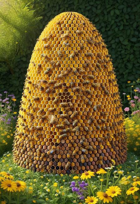 masterpiece, highres, high detail, Pencil_morph_style
Imagine a whimsical scene where a cheerful bee is buzzing around inside a beehive intricately crafted from colorful pencils. The hive is structured like a traditional beehive, but instead of wax, it's composed of sharpened and unsharpened pencils of various lengths and hues. The bee, with its vibrant yellow and black stripes, flits between the pencil hexagons, collecting tiny droplets of honey that glisten like gold. Sunlight filters through the gaps, casting playful shadows and illuminating the unique texture of the pencil beehive. The background is a soft, dreamy garden filled with flowers, enhancing the enchanting atmosphere.