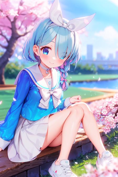 Arona,1girl,solo,shoes,white footwear,braid,blue shirt,serafuku,long sleeves,white sailor collar,hairband,white choker,bangs,smile,single braid,white half skirt,bow hairband,<lora:Arona_åç½å¨:0.8>,cityscape,sitting on rock,cherry blossom forest,falling petals,, (masterpiece), (best quality), HDR, intricate detail,