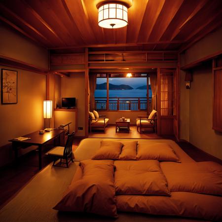 ryokan, scenery, television, table, indoors, window, bed, pillow, lamp, book, cabinet, sunlight, bedroom, chair, door, ceiling light, realistic,