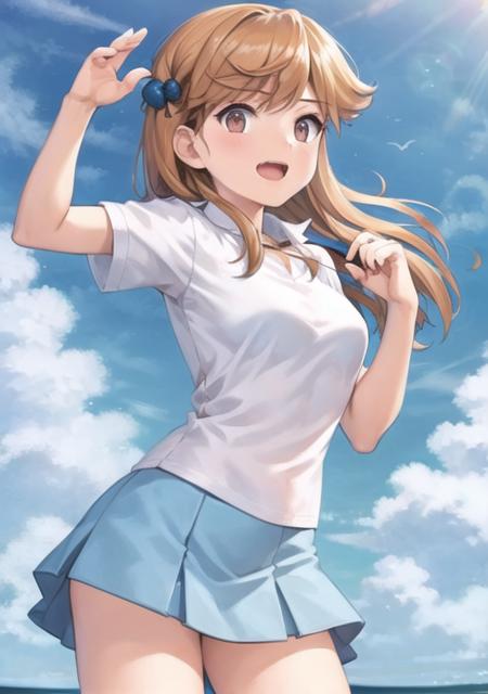 <lora:Lassfrlg:0.7> Lassfrlg, 1girl, solo, open mouth, shirt, sky, day, cloud