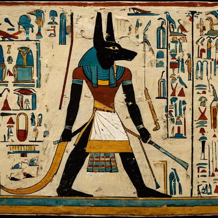 <lora:Ancient_Egypt_Painting_Style:1> ancientegypt, old egyptian wall painting of Anubis, ancient, 2d, perfect composition, masterpiece