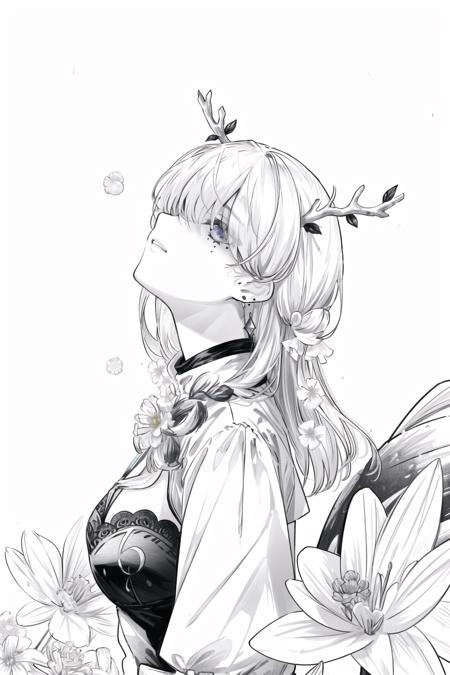 masterpiece, best quality, white background, black and white, monochrome, kaneki_meme, hair over eyes, 1girl, long hair, braided bangs, mole under eye, earrings, flowers in hair, antlers, large breasts, dress,  from side, looking up,  <lora:KanekiKenMeme:0.8>,  <lora:ceres_fauna_v30:0.7>, <lora:animeoutlineV4_16:1>,  <lora:add_detail:0.7>