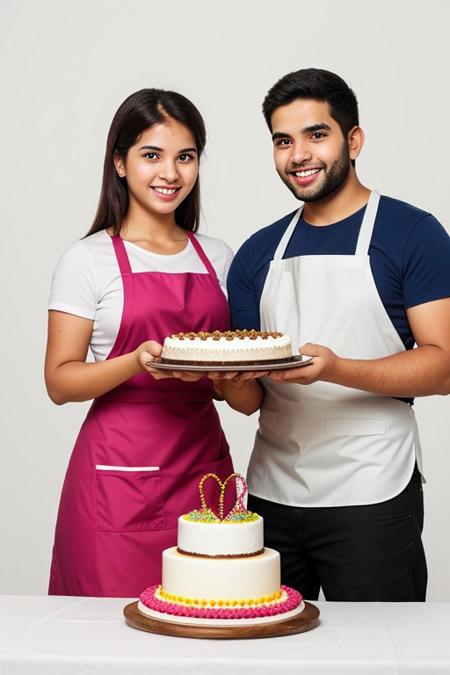 Cheerful young woman and man  presenting a delicious cake. "Isolated on white background", wide shot, apron, sri lankan, uncropped, looking at the cake, "holding a cake together"