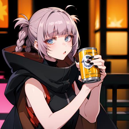 nanakusa_nazuna, 1girl, solo, looking at viewer, holding, hood, blunt bangs, nail polish, fingernails, turtleneck, black nails, cloak, can, drinking, sleeveless turtleneck, black cloak, beer can