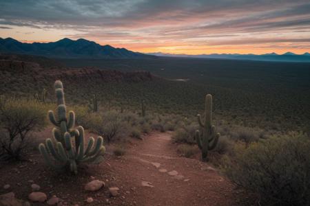 raw photo, a sunset landscape, Arizona desert, Saguaro Cactus, Tall Mesa,  cozy, photorealistic, high detailed texture, 8k uhd, dslr, soft lighting, high quality, film grain, Fujifilm XT3, Sony A7 IV, highly detailed photography, (muted colors, cinematic, dim colors, soothing tones:1.2), vibrant, insanely detailed, hyperdetailed, (dark shot:1.2), (vsco:0.3), (intricate details:0.9), (hdr, hyperdetailed:1.2) (highest coherency: 1.39) (highest quality: 1.39) (rule of Thirds) (award winning) (breathtaking) (masterclass) (vibrant color: 0.79) (distant hillside) (tall cliffs in distance; 1.19)