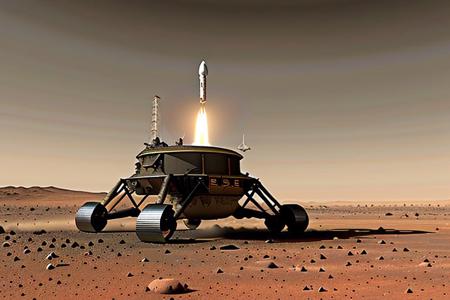 An extraterrestrial alien spacecraft lands on the surface of Mars, ((alien ship is landing in the background)),((Rocket landing engines kick up dust during the landing)), dim sunlight shines through the dust,