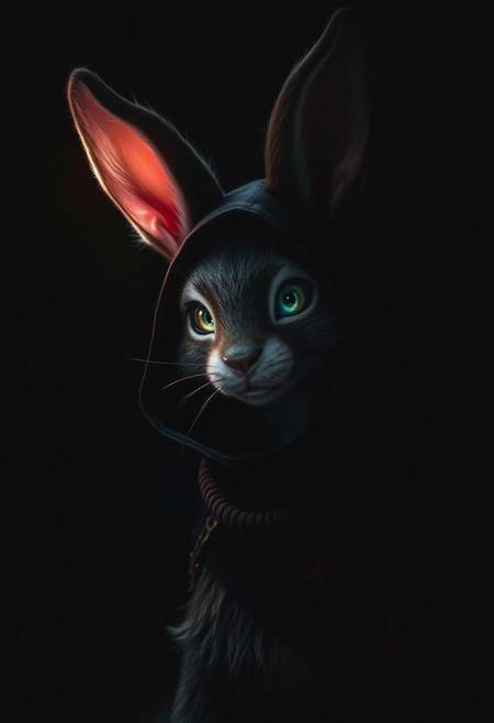 source furry, feral, furry, Judy Hopps, mouse ears, cape, partially illuminated, dark, twilight, fine details, dramatic lighting, lens flare, magical, veil, ethereal, rim lighting, cyberpunk, cloak, hood, nomad, black background