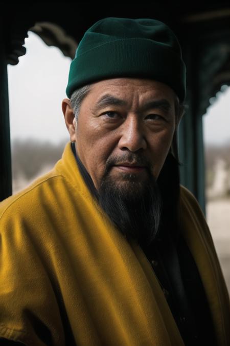 RAW photo, *subject*, (high detailed skin:1.2), 8k uhd, dslr, soft lighting, high quality, film grain, Fujifilm XT3,(Photorealism:1.3),Aestheticism,[Chinese],Highly Detailed,(1 old man :1.4),(handsome:1.1),Chinese castle,green heavy armor, colored skin, updo,black heavy beard,(attractive:1.3),perfectly detailed eyes,thematic background,full body, looking at viewer,