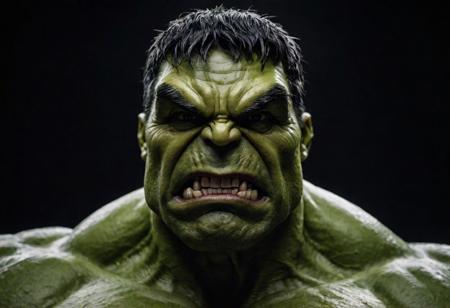 cinematic photo (hulk), . 35mm photograph, film, bokeh, professional, 4k, highly detailed, realistic, detailed, photo realistic, sharp focus, 8k, Close-up, grim smile, relaxed pose, portrait movie shot, serious, menacing, chiaroscuro style photo, dark background, minimalism, dramatic lighting, professional quality, dull highlights and shadows, natural and  original,