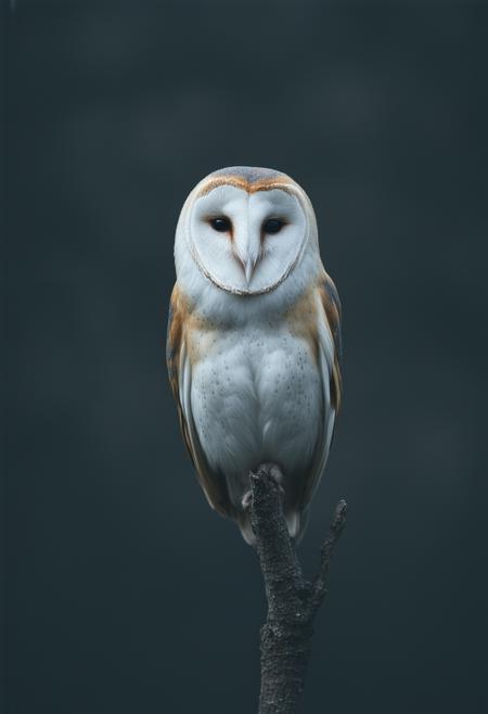 A solitary Barn Owl, rendered in a minimalist style, perched gracefully on a stark, undefined branch. The composition is defined by simple, elegant silhouettes against a deep, midnight black background. Soft, diffused light emanates from an unseen source, creating a shimmering, pearlescent glow on the owlâs feathers, highlighting subtle curves and linear details. The background remains entirely flat and featureless, emphasizing the owl's form. Linear shapes and gentle curves define the owlâs posture, creating a sense of balance and serene stillness. A whisper of Impressionistic brushstrokes subtly suggests texture without disrupting the overall reduction and uniformity of form. The overall effect is a contemplative and ethereal portrait, blending the precision of minimalism with the luminous quality of Impressionism.