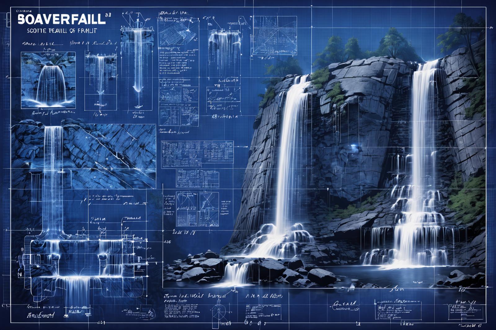 A blueprint of a waterfall and its surroundings, including a large rock wall and a blue pool.