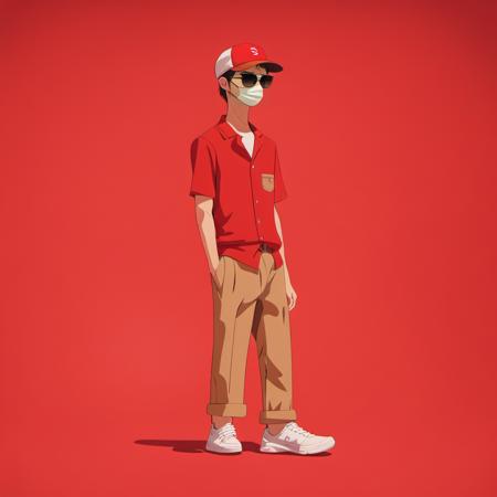 <lora:xuehua:1>,xh,1boy,solo,male focus,hat,simple background,shirt,baseball cap,white footwear,pants,shoes,mask,sunglasses,standing,full body,short sleeves,white shirt,red headwear,red background,brown pants,