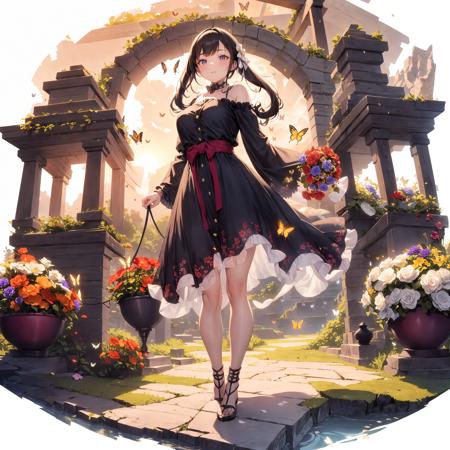 [(white background:1.5)::5], hexagon,
1 girl, mid shot, full body, 
butterflies, flowers,floating petal,stone fragment,  beautiful detailed water,cloud,sun,dusk,sunset,beautiful detailed gate,