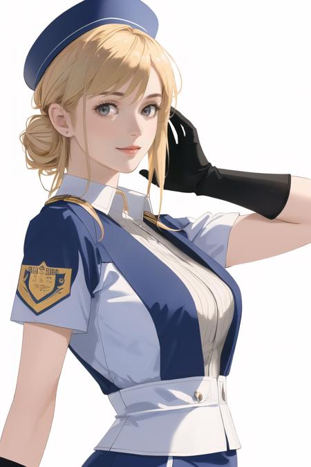 stewardess woman,21 years old,(white background:1.3),(upper body:1.2),subsurface scattering,smiling,hair bun,blonde hair,bangs,stewardess,dark blue uniform,garrison cap,pantyhose,white gloves,(airplane cabin),light smiling,((best detailed slender body)),(european idol, european beauty, european mixed),(wide hip:0.7, large breasts:0.8, perfect slender young girl body),(tall_image:1.3),Perfectly glossy skin,picture of a vivid,(masterpiece:1.2),(extremely detailed),(8k:1.1),(perfect lighting,best quality,highres,original),(realistic photography:1.4),(tall image:1.5),high detailed skin,shaded face,soft lighting,(small face),shiny_and_glossy_skin,RAW,ultra highres,pores visible,(ultra realistic quality,highres,original),(realistic:1.4),(tall image:1.5),high detailed skin,shaded face,soft lighting,(small face),shiny_and_glossy_skin,tone abs,depth of shadow