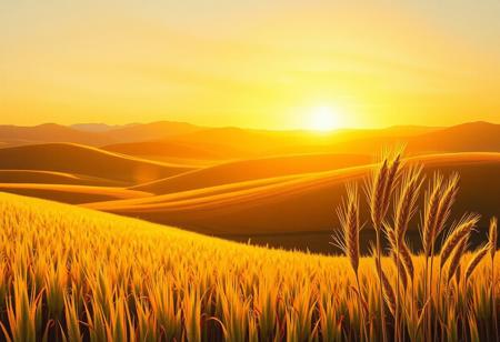 Warm golden hour sunlight casts a soft glow on rolling hills, where vibrant wheat fields stretch towards the horizon. Adolfo Fernandez Rodriguez's gentle illumination defines the terrain's contours. Crisp, textured wheat stalks stand tall, illuminated by Don Eddy's vivid brushstrokes. Doug Bloodworth's deep shadows add depth to the landscape, as the setting sun dips below the hills.