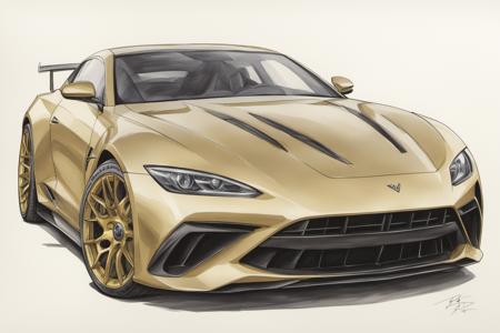 colored marker rendering of a sports car, concept art, sporty, fast, high performance, ((gold)), ((symmetric design)), crisp lines, sketch, illustration, illustrative, marker drawing, expressive strokes, graphic, sharp, crisp, in-focus, uncropped, high-quality  <lora:MercedesAGTGTCoupe:.8>