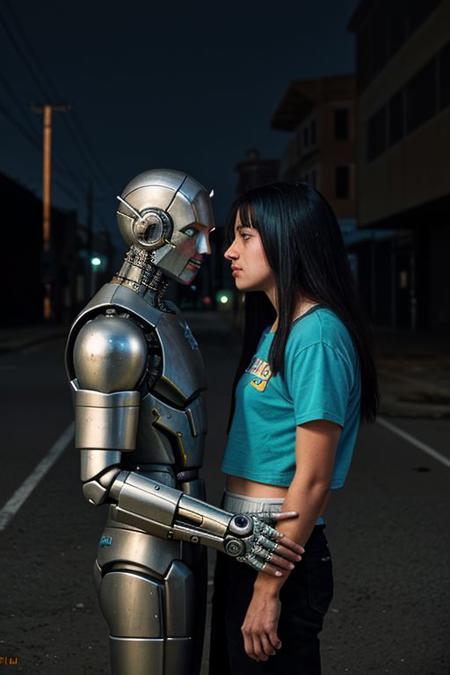 (Film still cinematic photography, tilt angle, bokeh, f-stop 2.5, 44mm:0.9), (hyperdetailed wasteland), end of the world, silent screams, ((exploding atmosphere:0.8), cybernetic man stalking deserted streets, facial focus, eye contact:1.1), (1girl grappling with reality, surreal interpretation:1.3), (electric aura, blue aura, steel chrome and rust:0.9), (nighttime), (in the style of (Frank Miller:1.2), (Marta Bevaqua:1.5), (Hans Bellmer:0.9)),
<lora:RMSDXL_Creative:2>
<lora:epiCRealLife:0.8> <lora:Helper:0.8> <lora:epi_noiseoffset2:0.8> <lora:lowkey_v1.1:0.8> HyperSmoke, dark background, black background,  backlit, dark theme
(Bad_pictures:1.3)