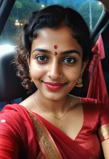 cute indian girl, curly short hair, dusky skin, wet look, traditional red saree, very sweaty body, selfie, medium view from selfie , milf, boobs cleavage, sitting, in car, night, wet red lipstick, black eye kajal mascara, dimple smile,