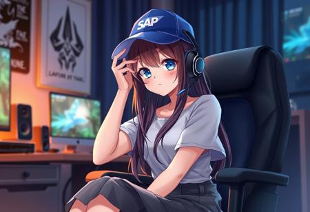 Beautifull yang 20 years old anime girl in her gaming room. The girl sitting on the chair in skirt and cap on her head with logo SAP text, puting one hand on her head and have headset in her other hand. High detail and an overall serene, masterpiece quality.
