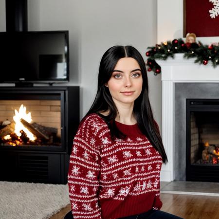 <lora:juliaaburch_sd15_512_128_64_v1:1> juliaaburch, 1girl, black long hair, wearing a christmas sweater, christmas decoration in background, lit fireplace in background