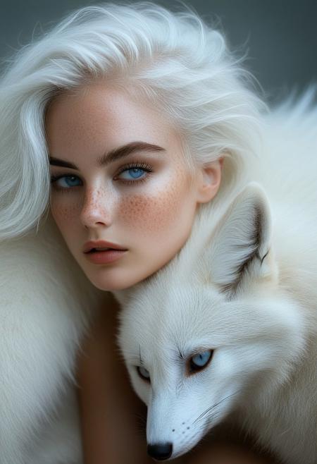 The image is a hyper-realistic digital artwork created in a photorealistic style, focusing on a close-up portrait of a young woman with striking, ethereal features. She has pale, almost translucent skin with a subtle, delicate scattering of freckles across her cheeks and nose. Her piercing, almond-shaped eyes are a striking light blue, almost glowing in the soft, ethereal lighting. Her hair is platinum blonde and wild, cascading over her face and shoulders, blending into the white fur of a large, mystical-looking white fox that wraps around her face and neck.rockabilly style, realistic, 1girl, looking at viewer, wolf, slit pupils, animal, close-up, solo, white hair, portrait, 1950's