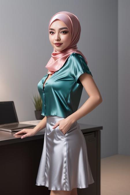 (3DMM:0.5), ((Masterpiece, best quality)), (photography, realistic, photo-realistic, 8k, highly detailed, [full length frame, Front view], High detail RAW color art, hyperrealism), 
(1girl, (Turkish)), supermodel, tall, long legs, skinny jeans,  (detailed skin, perfect face, Teal satin hijab, loosely tight hijab style, beautifully makeup, eyeshadow, brown eyes, beautiful big eyes, long eye lashes, inviting smile), ((unbutton gray satin shirt, big round soft breasts, exposing breasts, pink nipples), ((satin long skirt)), walking, standing, at the office,  detailed office,  computer in desk, Random  view,  random position, random pose, full body shot,
((beautiful cinematic lighting, 8k, high res, volumetric lighting, dramatic lighting, perfect shadow and light, perfect reflections, backlight. studio lighting,))diffused soft lighting, shallow depth of field, sharp focus, cinematic lighting, art by chunie, anime art,