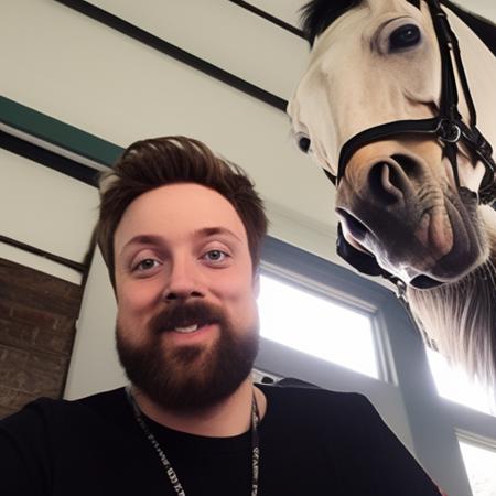 a photo of a man with a beard in black shirt taking selfie with a ((horse)), perfect, highest quality, [bokeh], 8K, perfect, highest quality, [bokeh] <lora:forsen:1.15>