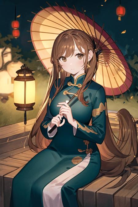 <lora:gwayo:1>, 1girl, solo, umbrella, jewelry, earrings, holding, lantern, dress, sitting, ribbon, breasts, bangs, outdoors, long hair, looking at viewer, chinese clothes, oil-paper umbrella, brown hair, holding umbrella, closed mouth, white ribbon, hair ribbon, brown eyes, china dress, long sleeves