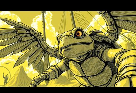 Create a promotional image for a video game featuring an aged turtle character, inspired by the art style of Nychos and Mr. Nimbus's character design, with a structure reminiscent of Kyle Lambert's work. The image should have a high-quality, bug POV shot aesthetic, akin to 'Set Sail for the Kingdom,' with ruffled wings and an Scientist character in the background, blending TF1 and Himba elements. Incorporate a yellow and charcoal drawing style, promoting a 2020s promotional art vibe, similar to Trippie Redd's visuals.