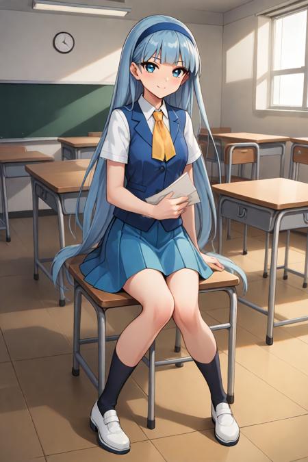 MKR_Umi_SU,blue hair,very long hair,blunt bangs,blue eyes, blue hairband,yellow ascot,blue blazer,blue pleated skirt,black pantyhose