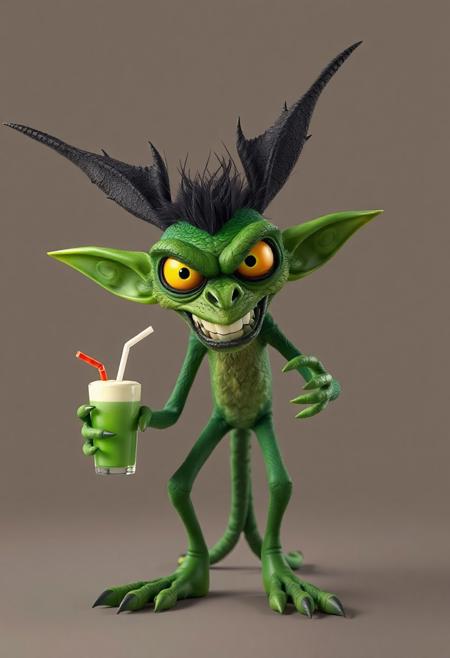 Clay Animation - a pixar style 3d animated green character called a jabberwock, angry, fierce, scary, big yellow eyes, wings, scales. long ears. long sharp teeth. at least ten feet tall with a simian like build, almost like a lemur. Its limbs are long and elongated and slender, 3 long fingers and claws. with a pointed end long tail ending, standing on two toes with a dewclaw/thumb. looking at camera over a simple background. holding a green frappucino