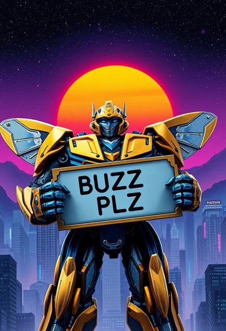 gold and blue Bumblebee transformer holding a sign that sys "BUZZ PLZ", photograph with a purple sky, cosmic stars, an orange and blue synthwave sun background. Slightly turned. Damascus steel. Ultra-detailed. Hyper-realistic. Metal city landscape