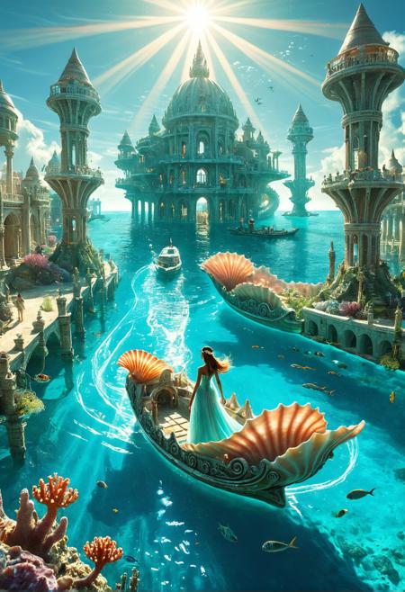 An advanced oceanic civilization city built atop turquoise waters, spiraling shell-like buildings and coral-formed towers, glowing aquatic plants lining the canals, a woman in a flowing gown steering a shell boat toward a conch-shaped palace, sunbeams penetrating the surface, serene and mythical atmosphere.