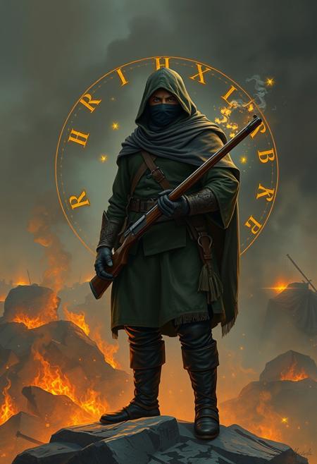 A 25 years old man wearing world war one and medieval style uniform with dark colors, and holding a musket. Standing on a rock in a battlefield, full of bodyes smoke and fire. The man wearing a hood and a fabric gambison armor, and he has a medieval gauntlet on hand. He also has a black bandada covering his face. Only simple and fuctional gear. Eyes glowing trough the eyeslot of the helmet.There is magic around the man, glowing golden runic letters and magical symbols revolving around the caracter and his musket. Acranic, lights in the air and magic happening. Every peace Hand drawn , semi realistic style painting. Full body, long shot, full body in frame.