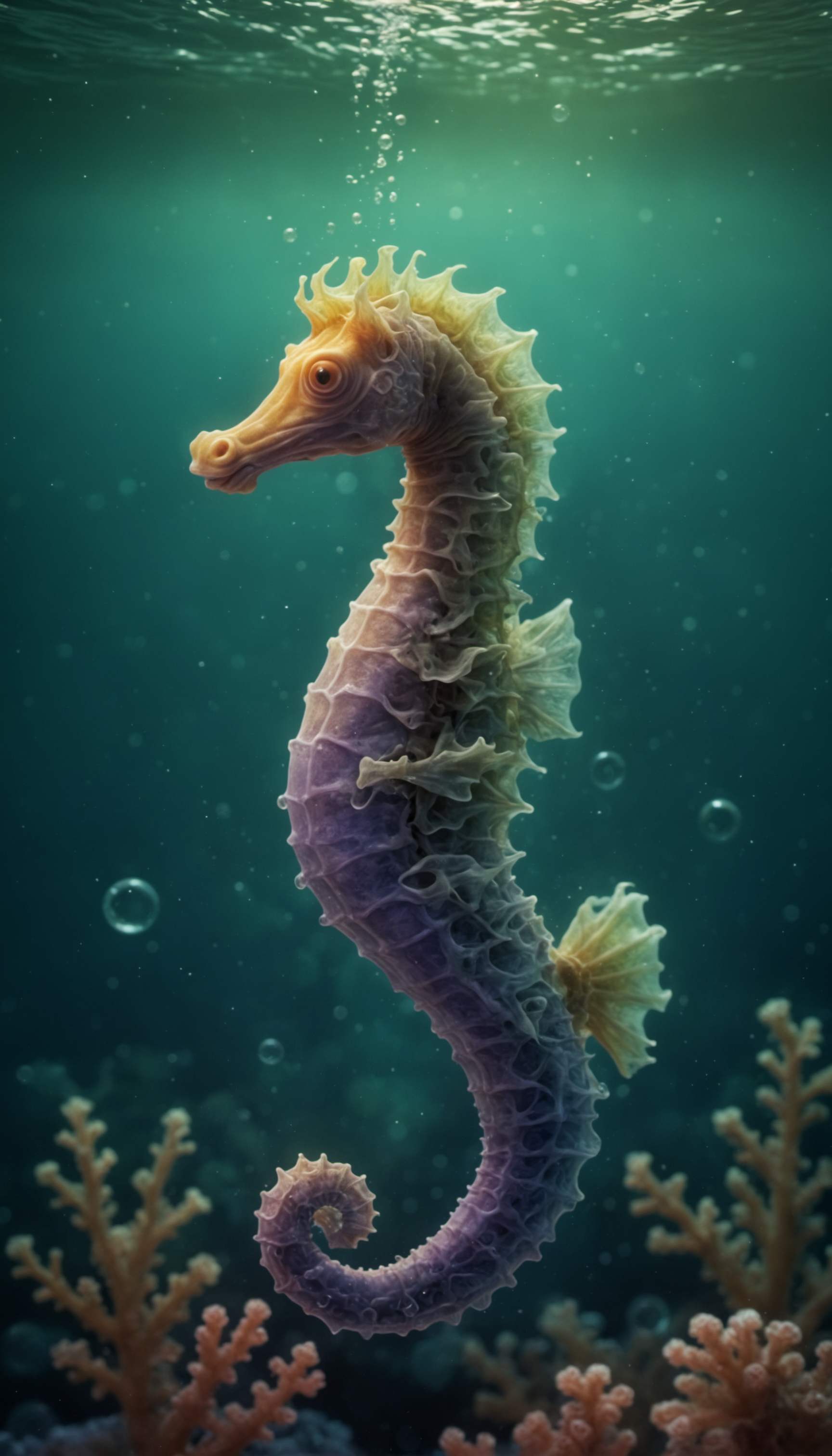 a seahorse swimming in the ocean.
