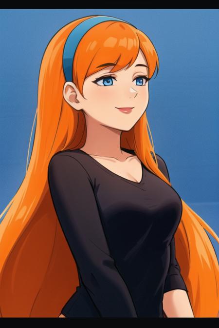 <lora:jasmine_fenton:0.6>, jasmine fenton, masterpiece, best quality, 1girl, solo, orange hair, long hair, smile, blue eyes, hairband, looking up, upper body, black shirt, long sleeves,