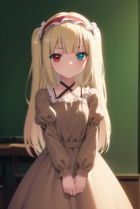 kobatohasegawa, <lora:kobato hasegawa s2-lora-nochekaiser:1>,
kobato hasegawa, long hair, blonde hair, (red eyes:1.3), blue eyes, (heterochromia:1.5), two side up,
BREAK dress, hairband, frills, long sleeves, puffy sleeves, juliet sleeves, (brown dress:1.3),
BREAK indoors, classroom,
BREAK looking at viewer, (cowboy shot:1.5),
BREAK <lyco:GoodHands-beta2:1>, (masterpiece:1.2), best quality, high resolution, unity 8k wallpaper, (illustration:0.8), (beautiful detailed eyes:1.6), extremely detailed face, perfect lighting, extremely detailed CG, (perfect hands, perfect anatomy),