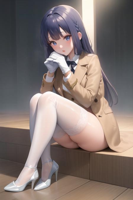 masterpiece, high quality, best quality, high resolution, 4k, high definition, beautiful lighting,highly detailed face, well drawn hands, well drawn legs,well drawn feet,well drawn eyes, shouko, blue hair, blue eyes braid,brown blazer, white coat, winter coat, long white winter coat with furry collars, black stockings,high heels, white gloves in hands,<lora:makinohara_shouko-10:1>