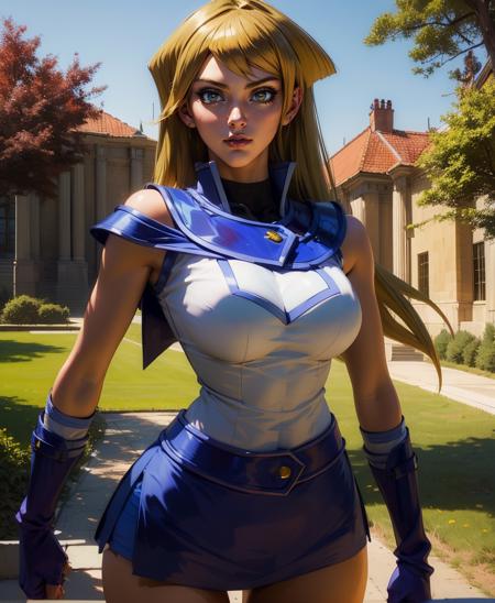 Alexis,blonde hair,brown eyes,long hair,
white duel academy uniform (yu-gi-oh! gx),blue miniskirt,blue gloves,sleeveless,bare bare shoulders,
standing,serious,
school campus,outdoors,
(insanely detailed, beautiful detailed face,beautiful detailed eyes, masterpiece, best quality),solo,<lora:AlexisRhodes:0.8>,