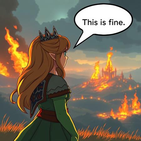 Princess Zelda with a speech bubble saying "This is fine", watching at the distance how the entire kingdom of hyrule is burning