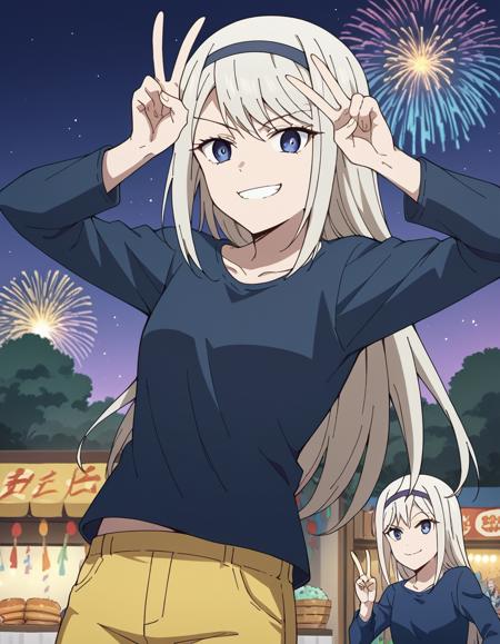 kei shirogane, long hair, blonde hair, blue eyes, white hair, hairband, shirt, long sleeves, blue shirt, pants, yellow pants, collarbone,