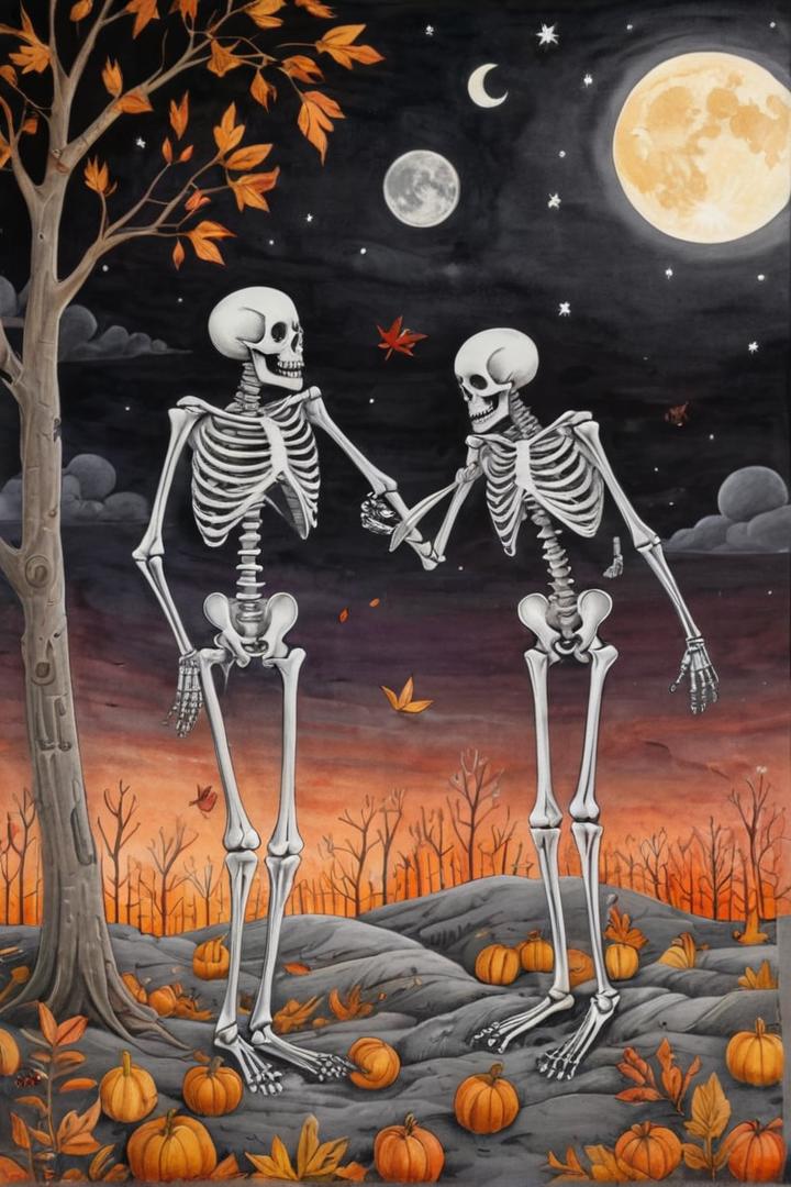 A pencil-colored drawing with black ink outline in a naive style. skeletons celebrating autumn, night, full moon