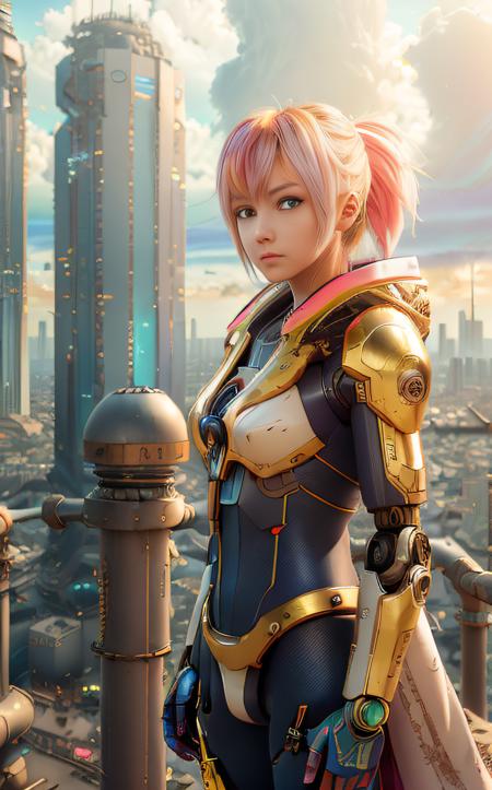 anime artwork ((bright neon colors)), (top-quality, 8K, masterpiece:1.3) A photo of a melancholic, solitary robot, gazing out over a ruined cityscape, wearing a weathered cloak, atop a skyscraper taken with a telephoto lens highly detailed, detailed skin, moody overcast lighting
<lora:IvoryGoldAIv2:1> ivory gold . anime style, key visual, vibrant, studio anime,  highly detailed