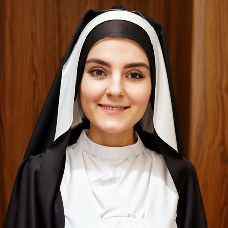 <lora:eva_elfie:0.8>, a photo chest portrait female, (nun clothes:1.3) in church, detailed face look at camera, smirk, (smile:0.5), raw, intricate, high quality, 8K, (natural skin texture, hyperrealism, soft light, sharp:1.2)