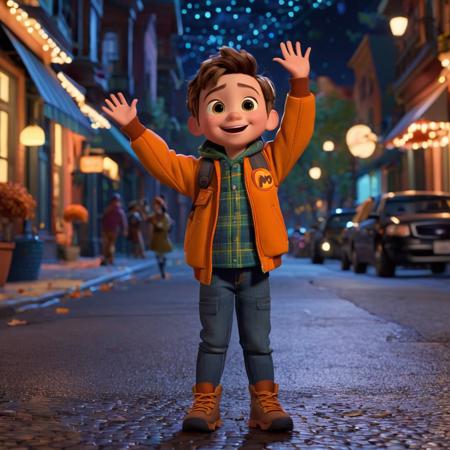 Establishing Shot,Happy kid,waving left hand,fall outfit,standing in middle of street at night ,fall, in the style of Pixar,Expressive face,dynamic lively background,Dynamic Lighting,aesthetic,intricate,creative compositions that emphasize emotion and action,meticulously crafted props and accessories