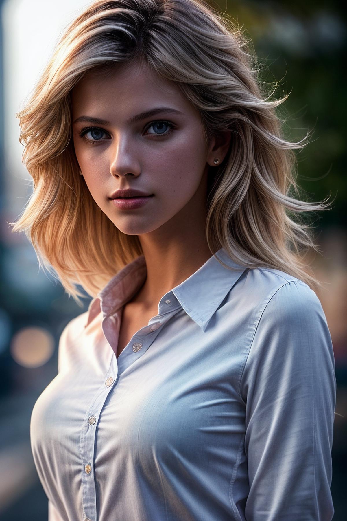 Blonde-haired Woman in a White Shirt with a Collar and Button-up.